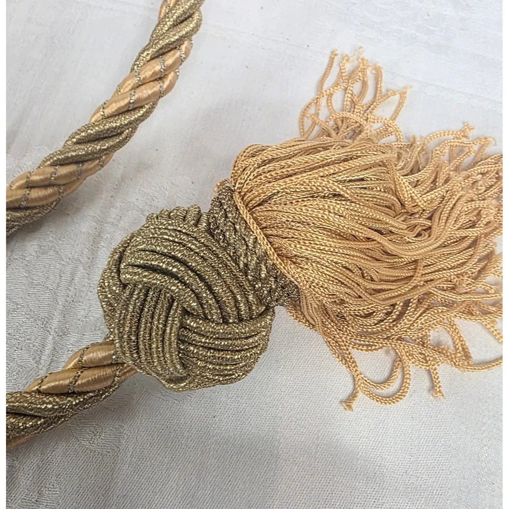 Vintage Gold Metallic Twisted Rope Curtain Tieback Large Tassel Knot 70 Inch